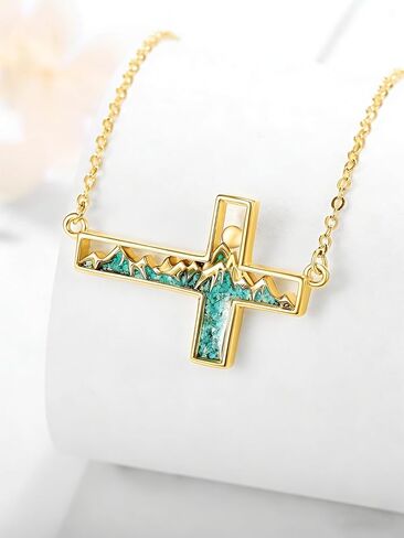 14K Gold Mustard Seed Sideways Cross Necklace for Women Turquoise Mountain Sun Pendant Christian Faith Jewelry First Communion Baptism Confirmation Gifts for Hikers, Climbers and Nature Lovers in Saudi Arabia