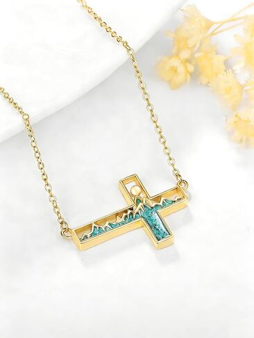 14K Gold Mustard Seed Sideways Cross Necklace for Women Turquoise Mountain Sun Pendant Christian Faith Jewelry First Communion Baptism Confirmation Gifts for Hikers, Climbers and Nature Lovers in Saudi Arabia