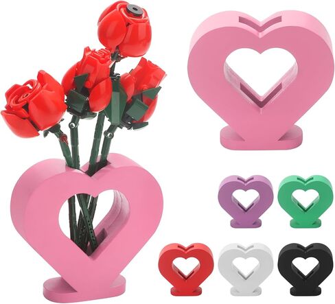 مزهرية لزهور ليغو 40524 40747 40725 40460، حامل عرض خشبي على شكل قلب لمجموعة بناء باقة زهور ليغو - تجميع سهل بدون أدوات، لعشاق ليغو، ديكور المنزل والمكتب in Kuwait