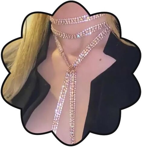 Rhinestones Double Layer Choker Necklace with Body Chain Sparkly Body Chain for Women Girls Nightclub Body Jewelry in Saudi Arabia