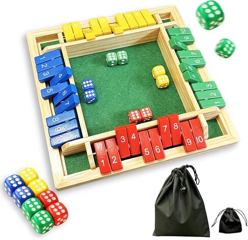 لعبة Shut The Box Dice لعدد 2-4 لاعبين، لعبة الرياضيات والاستراتيجية على الطاولة الخشبية مع 8 نرد وحقيبة تخزين مخملية، لعبة لوح عائلية كلاسيكية للمنزل أو الحفلات أو الحانة in Kuwait