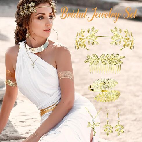 FINREZIO Greek Goddess Costume Accessories Jewelry Set For Women Leaf Arm Cuff Goddess Crown Headband Pearl Dangle Earring Necklace Hair Pin Belt Chain Adjustable Bridal Wedding Halloween in Saudi Arabia