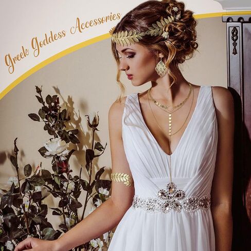FINREZIO Greek Goddess Costume Accessories Jewelry Set For Women Leaf Arm Cuff Goddess Crown Headband Pearl Dangle Earring Necklace Hair Pin Belt Chain Adjustable Bridal Wedding Halloween in Saudi Arabia
