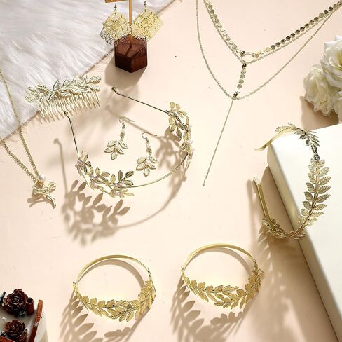 FINREZIO Greek Goddess Costume Accessories Jewelry Set For Women Leaf Arm Cuff Goddess Crown Headband Pearl Dangle Earring Necklace Hair Pin Belt Chain Adjustable Bridal Wedding Halloween in Saudi Arabia
