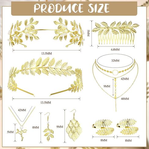 FINREZIO Greek Goddess Costume Accessories Jewelry Set For Women Leaf Arm Cuff Goddess Crown Headband Pearl Dangle Earring Necklace Hair Pin Belt Chain Adjustable Bridal Wedding Halloween in Saudi Arabia
