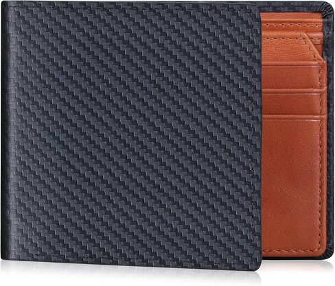 محافظ جلدية من ألياف الكربون للرجال من VISOUL ثنائية الطي مع خاصية حجب RFID، محفظة مصممة قابلة للطي مع نافذة واحدة لبطاقة الهوية للرجال (أسود + برتقالي) in Kuwait