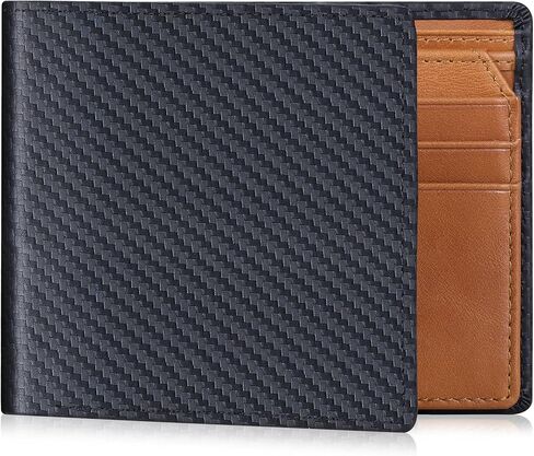 محافظ جلدية من ألياف الكربون للرجال من VISOUL ثنائية الطي مع خاصية حجب RFID، محفظة مصممة قابلة للطي مع نافذة واحدة لبطاقة الهوية للرجال (أسود + برتقالي) in Kuwait