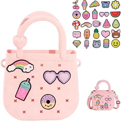Mini Silicone Tote Bag, Rubber Beach Tote with Adjustable Strap &25pcs Cute Decorations for Little Girl & Woman in Saudi Arabia