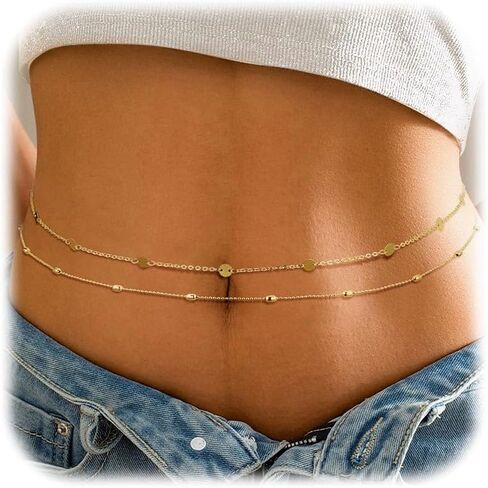 2Pcs 14K Gold Plated Waist Chain for Women Sexy Layered Bikini Belly Chain Adjustable Summer Beach Body Jewelry 25-42Inch in Saudi Arabia