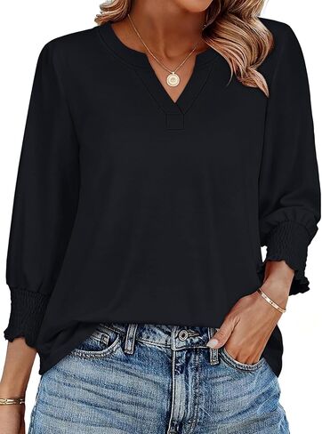 بلوزات نسائية بأكمام 3/4 تي شيرت كاجوال فضفاض برقبة على شكل حرف V مع أصفاد مكشكشة in Kuwait