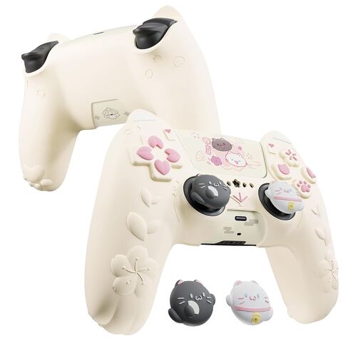 PlayVital for PS5 Controller Cover Skin - Cherry Blossoms Kitten Anti-slip Grip Skin with Thumb Grip & Sticker - Soft Rubber Protector for PS5 Controller Accessories - Pink in Saudi Arabia