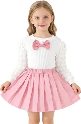 3-7Y طفل فتاة تنورة مجموعة طفل 2 قطعة وتتسابق نفخة طويلة الأكمام تنورة مطوي مع Bowknot الخريف الشتاء الملابس in Kuwait