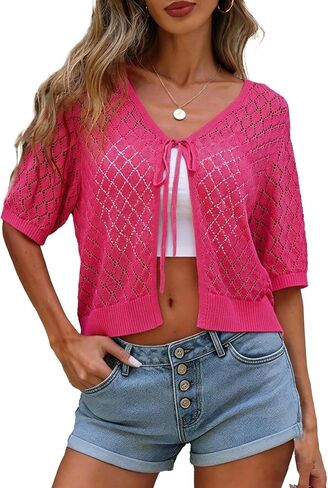 Yekaty Womens Crochet Cardigan Summer Tie Front Shrugs Sweaters Short Sleeve Knit Cropped Cardigans Tops in Saudi Arabia