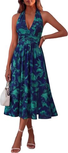 فستان FENSACE نسائي صيفي أنيق بدون أكمام ورقبة على شكل حرف V شبكي مزين بزهور لحفلات الزفاف وحفلات الكوكتيل وفتحة متوسطة الطول in Kuwait