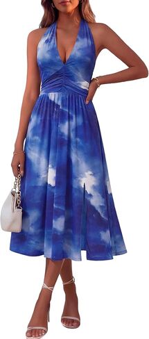 FENSACE Women's Summer Elegant Sleeveless Halter V Neck Mesh Floral Wedding Guest Cocktail Split Midi Dress in Saudi Arabia