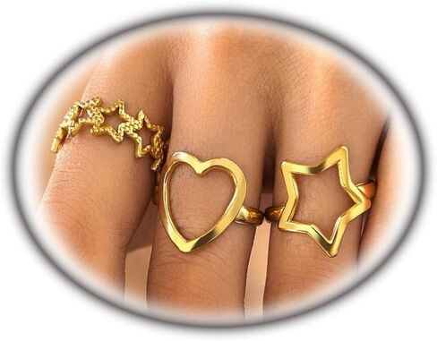 Gold Star Rings Y2k Accessories,Stainless Steel Chunky Pentagram Heart Knuckle Rings for Women,Silver Cool Stackable Finger Rings Pack Punk Jewelry in Kuwait