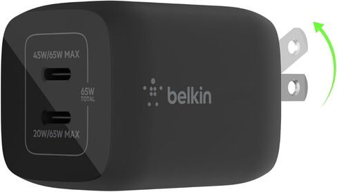 شاحن Belkin بمنفذين USB C بقدرة 67 وات، شاحن GaN ثنائي المنفذ مع 2X منافذ USB C، شحن سريع لأجهزة MacBook وiPhone 17 وiPad Pro وChromebook وGalaxy S25 Ultra وPixel 10 والمزيد - أساسيات السفر in Kuwait