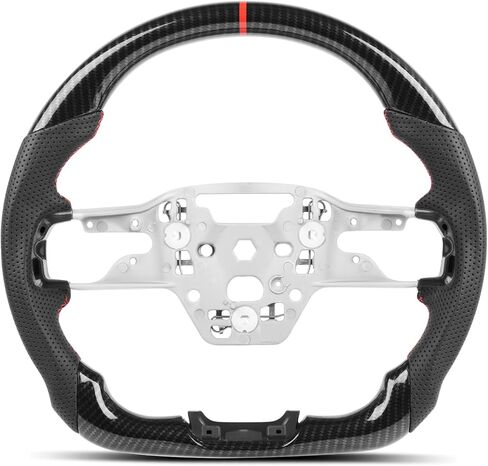 عجلة قيادة من ألياف الكربون الحقيقية لسيارة Ford Mustang 2024-2026 (S650) GT Dark Horse EcoBoost، خياطة وشريط أحمر على نمط المسار، استبدال قبضة رياضية مسطحة القاع، ترقية داخلية مخصصة، بدون تدفئة in Kuwait