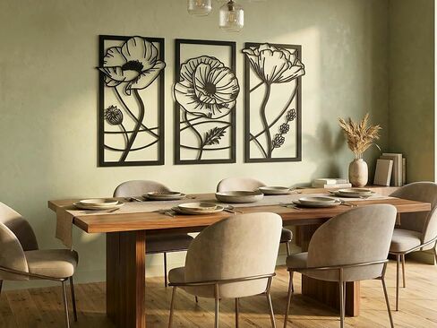 Vailla النباتية جدار الفن 3pcs غرفة المعيشة جدار ديكور شنقا النحت ديكور المنزل الحديث 3D منحوتات كبيرة محكم للمطبخ غرفة نوم مكتب غرفة الطعام 3 لوحات الأزهار السوداء in Saudi Arabia