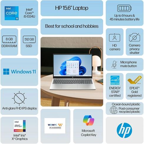 HP New Business Laptop with Microsoft Office, Intel Core i5-1235U 10-core Processor, 15.6" FHD LED Display, 16GB RAM, 1TB SSD, Ultra Quiet Design, SD Card Reader, Wi-Fi 6, Windows 11 Pro, WOWPC USB in Kuwait