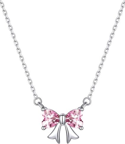 ChicSilver Bow Birthstone Necklace, 925 Sterling Silver Pendant Necklaces for Women, Hypoallergenic Silver Choker with 16 inch Rolo Chain, 12 Months Jewelry for Valentines Mothers Day Christmas in Saudi Arabia
