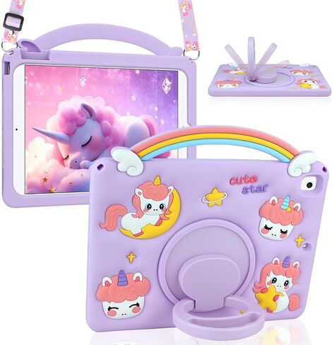 HianDier for iPad 5th/6th Generation Case, for iPad Air 1st/2nd Gen, for iPad Pro 9.7 Inch Case Kids Girls Cute Unicorn with Rainbow Handle Detachable Lanyard Shockproof Protective Cover-Purple in Saudi Arabia