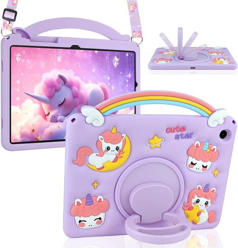HianDier for iPad 5th/6th Generation Case, for iPad Air 1st/2nd Gen, for iPad Pro 9.7 Inch Case Kids Girls Cute Unicorn with Rainbow Handle Detachable Lanyard Shockproof Protective Cover-Purple in Saudi Arabia