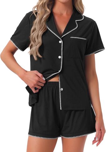cheibear Womens Pajama Sets Short Sleeves Comfy Highly Elastic Button Up Tops and Shorts 2 Pcs 2026 in Saudi Arabia