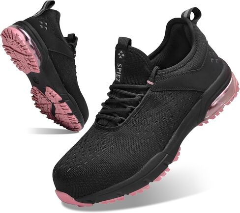 أحذية أمان نسائية من SPIEZ خفيفة الوزن - أحذية سهلة الارتداء للنساء مع بطانة هوائية، أحذية رياضية مضادة للانزلاق مع أربطة مزخرفة، أحذية عصرية باللون الأسود والوردي، مقاس 6-9.5 in Kuwait