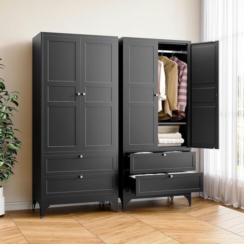 Metal Armoire Wardrobe Closet with 2 Doors 72'' Wardrobe Cabinet with Hanging Rail Metal Closet with Adjustable Shelves for Bedroom.Require Assembly (Black) in Saudi Arabia