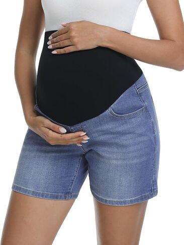 Women's Maternity Jean Shorts Over Belly Stretchy Casual Denim Short Pants Pregnancy Summer Shorts with Pockets in Saudi Arabia