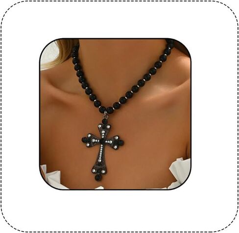 Gothic Cross Necklace for Women Black Beaded Chain with Emo Chunky Big Cross Pendant Halloween Charm Vintage Y2K Grunge Punk Jewelry in Saudi Arabia