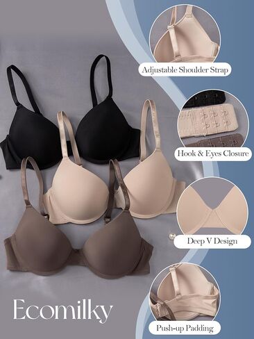 Push Up Underwire Bra, 3PCS Solid Everyday,Push Up T-Shirt, Plunge Full Coverage, Lift Support for Women in Saudi Arabia