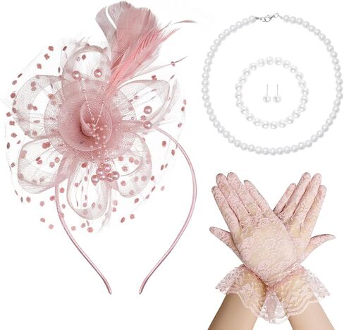 Yolyoo Tea Gathering Set Fascinators Hat with Pearl Necklace Earring Jewelry Lace Gloves for Wedding Tea Accessories in Saudi Arabia