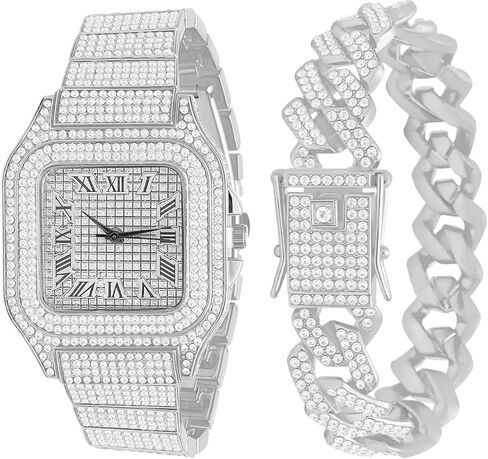 NEWITIN 2 Pieces Men Diamond Watch Bracelet Set Luxury Fashion Crystal Wristwatch Cuban Link Chain Silver Rhinestone Watch Hip Hop Jewelry for Men in Saudi Arabia