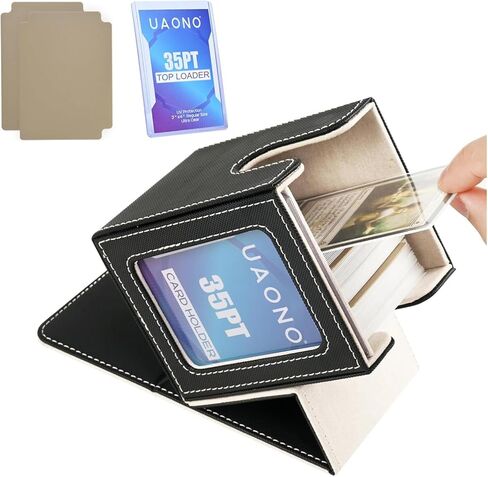 صندوق بطاقات مع شاشة قائد MTG، حافظة بطاقات بتصميم حاصل على براءة اختراع تحتوي على أكثر من 100 بطاقة بأكمام مزدوجة، صندوق تخزين بطاقات من جلد البولي يوريثان لـ TCG مع مقسمين، 1 أداة تحميل علوية (أسود وذهبي) in Kuwait