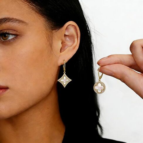 Clover Earrings for Women, 18K Gold Plated Vintage Four Leaf Drop Dangle Earring with Mother of Pearl & Cubic Zicrons, Elegant Jewelry Gift for Mother, Wife, Sister, Girlfriend in Saudi Arabia
