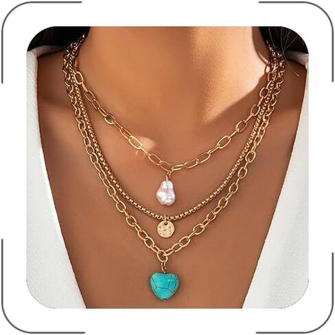Gold Layered Necklaces Country Concert Outfits for Women Western Turquoise Pearl Necklace Boho Jewelry Cowboy Cowgirl Necklaces Vintage Bohemian Accessorie Christmas in Saudi Arabia