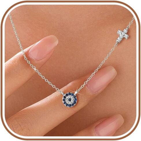 SUYACS الذهب عين الشر القلائد للنساء 925 الفضة الاسترليني قلادة الصليب الصغيرة قلادة الأزرق مكعب زركونيا العين سحر سلسلة المسيحية المعمودية الإيمان الديني مجوهرات هدايا عيد الميلاد للأم in Kuwait