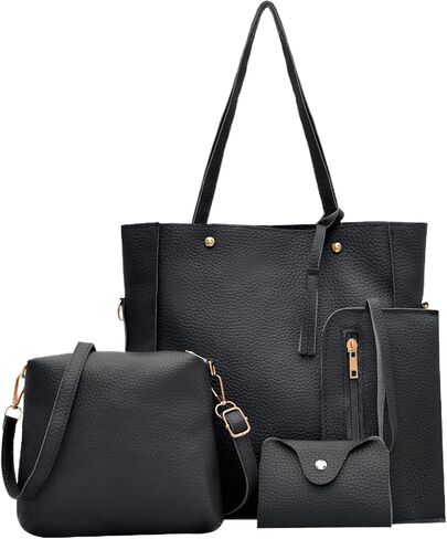 Handbag 4Pcs/set PU Leather High capacity Shoulder Bags Casual Crossbody Bags Women s(Black) in Saudi Arabia