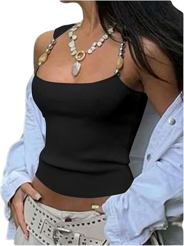 SHENHE Women's Sexy Ribbed Knit Tank Tops Scoop Neck Beaded Chain Sleeveless Fitted Boho Going Out Cami Top in Kuwait