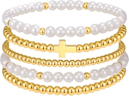 5pcs Gold Beaded Cross Bracelets for Women - 14K Gold Plated Stainless Steel Stretch Stackable Bracelet Set with Glass Pearls, Non Tarnish Waterproof Religious Jewelry Gifts for Teen Girls in Saudi Arabia