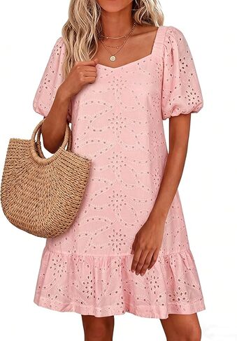 Womens Boho Summer Dresses V Neck Short Sleeve Casual Beach Vacation Dress Women Hem Floral Eyelet with Pocket in Saudi Arabia
