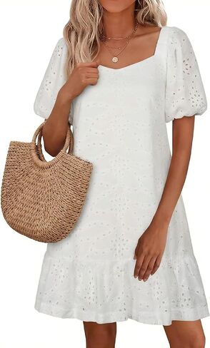 Womens Boho Summer Dresses V Neck Short Sleeve Casual Beach Vacation Dress Women Hem Floral Eyelet with Pocket in Saudi Arabia
