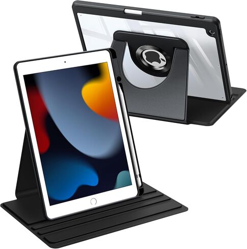 حافظة Fintie دوارة 360 درجة لجهاز iPad الجيل التاسع (2021) / الجيل الثامن (2020) / الجيل السابع (2019) مقاس 10.2 بوصة - غطاء خلفي شفاف بحامل واقٍ دوار مع حامل أقلام رصاص، أسود in Saudi Arabia