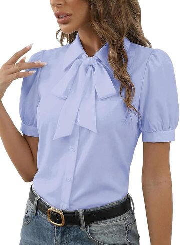Women's Collar Bow Knot Button Down Short Sleeve Work Shirt Blouse Top in Saudi Arabia