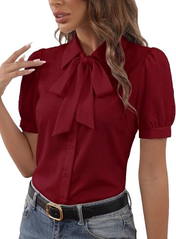 Women's Collar Bow Knot Button Down Short Sleeve Work Shirt Blouse Top in Saudi Arabia