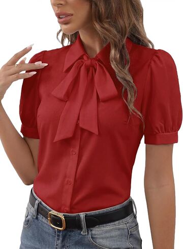Women's Collar Bow Knot Button Down Short Sleeve Work Shirt Blouse Top in Saudi Arabia