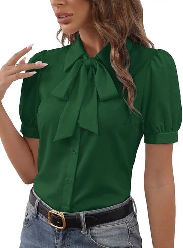 Women's Collar Bow Knot Button Down Short Sleeve Work Shirt Blouse Top in Saudi Arabia
