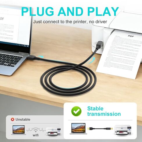 كابل طابعة 6FT إلى USB 2.0، كابل USB A إلى USB B عالي السرعة HP الماسح الضوئي/سلك الطابعة لـ Canon، Brother، Samsung، Dell، Epson، Lexmark، Xerox، والمزيد (أسود) in Kuwait